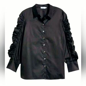 Harshman L.A. Juliana Black Button-Up Cotton Shirt Ruched Sleeves, Small NWT